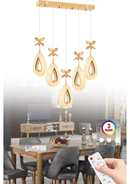 Istanbul Avize Hera Gold 5'li Yemek Masası Kumandalı 3 Renk Ledli Modern LED Avize