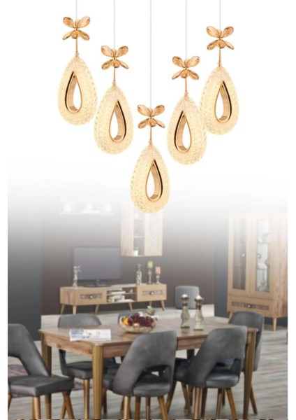 Istanbul Avize Hera Gold 5'li Yemek Masası Kumandalı 3 Renk Ledli Modern LED Avize modelleri