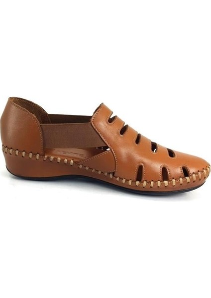 18791395 Günlük Hakiki Deri Bayan Sandalet-Taba