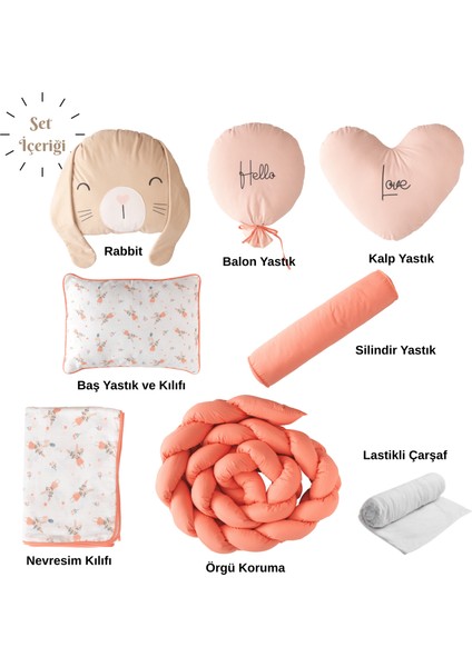 Rabbit %100 Pamuk Müslin Montessori Uyku Seti – Kalpli ve Tavşanlı Yastıklarla - Bebek ve Çocuk Odası Için