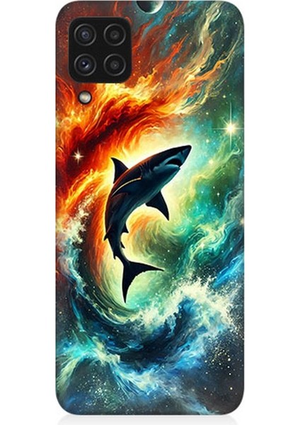 Samsung Galaxy A22 Uyumlu Ateşle Dans Eden Köpekbalığı Desenli Silikon Kılıf