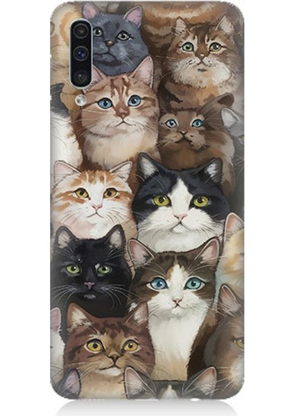 Samsung Galaxy A50 Uyumlu Kedi Kalabalığında Kaos Desenli Silikon Kılıf