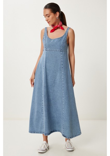 U Yaka Askılı Uzun Çan Formlu Denim Elbise