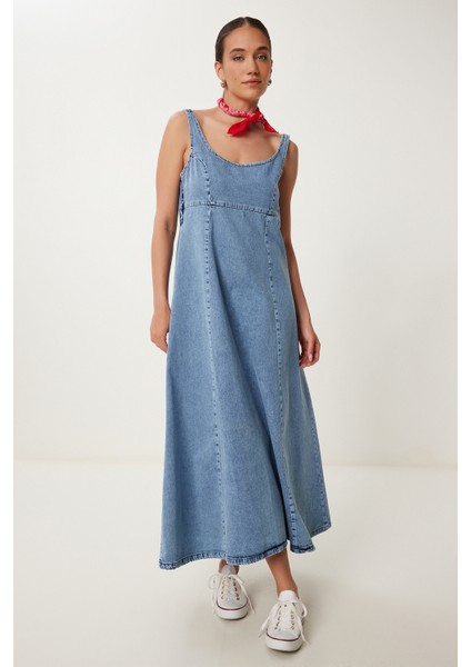 U Yaka Askılı Uzun Çan Formlu Denim Elbise