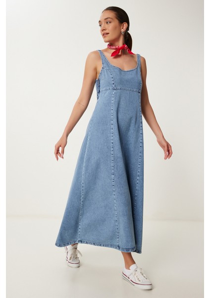 U Yaka Askılı Uzun Çan Formlu Denim Elbise