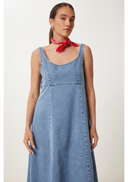 U Yaka Askılı Uzun Çan Formlu Denim Elbise