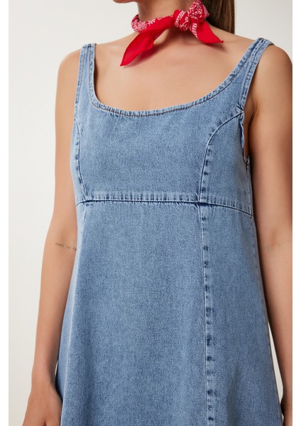 U Yaka Askılı Uzun Çan Formlu Denim Elbise