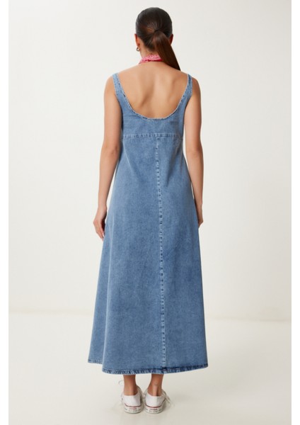 U Yaka Askılı Uzun Çan Formlu Denim Elbise