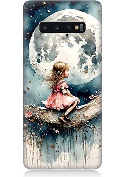 Samsung Galaxy S10 Plus Uyumlu Ay Üzerinde Hayalci Kız Desenli Silikon Kılıf