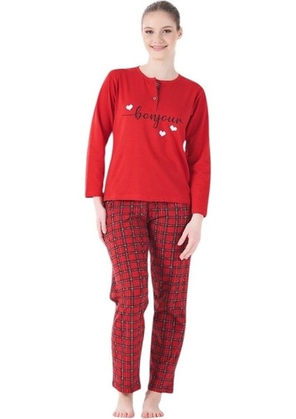 Ekose Desen Patlı Düğmeli Kareli Bayan Pijama Takım