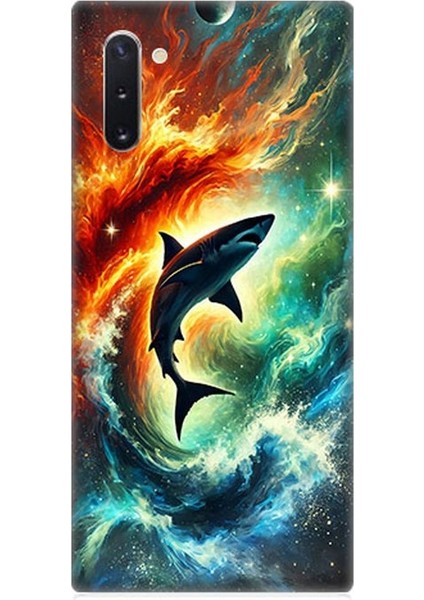 Samsung Galaxy Note 10 Uyumlu Ateşle Dans Eden Köpekbalığı Desenli Silikon Kılıf