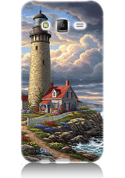 Samsung Galaxy J7 Uyumlu Kayalıkta Gök Altında Deniz Feneri Desenli Silikon Kılıf