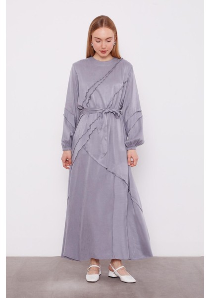 Gri Bağlamalı Dikiş Detaylı Cupra Elbise