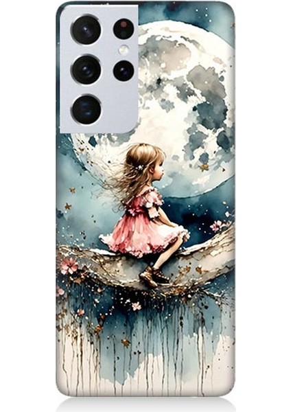 Samsung Galaxy S21 Ultra Uyumlu Ay Üzerinde Hayalci Kız Desenli Silikon Kılıf