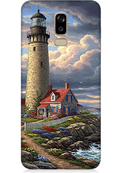 Samsung Galaxy J8 Uyumlu Kayalıkta Gök Altında Deniz Feneri Desenli Silikon Kılıf