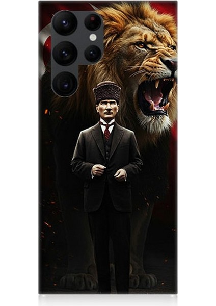 Samsung Galaxy S22 Ultra Uyumlu Aslan ve Atatürk Gücü Desenli Silikon Kılıf