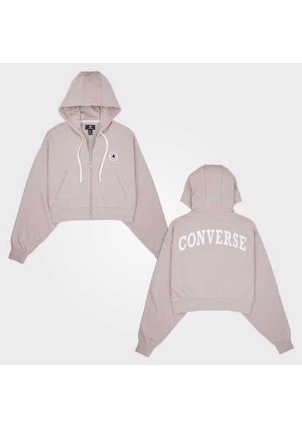 Classic Kadın Fermuarlı Bej Hoodie
