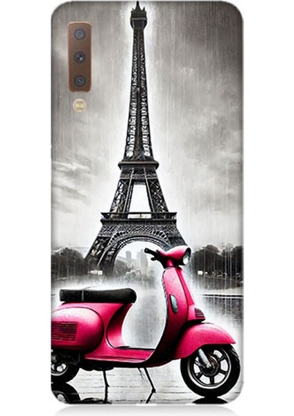 Samsung Galaxy A7 2018 Uyumlu Pembe Scooter Eyfel Önü Desenli Silikon Kılıf