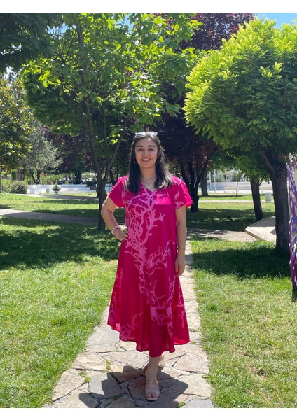 Mercan Desenli Geniş Kesim Viskon Elbise – 36-50 Beden Arası Standart Rahat Kalıp modelleri