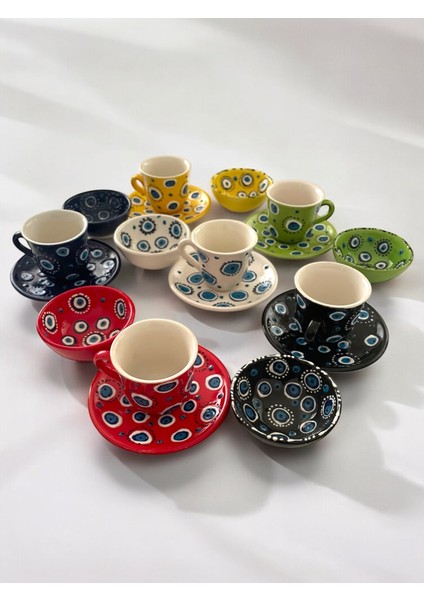 Dekoratif 6 Kişilik Şık Lale Çini Tasarımlı Tamamen El Yapımı Kahve Fincanı ve 10 cm Sosluk