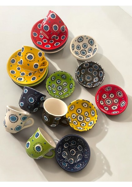 Dekoratif 6 Kişilik Şık Lale Çini Tasarımlı Tamamen El Yapımı Kahve Fincanı ve 10 cm Sosluk modelleri