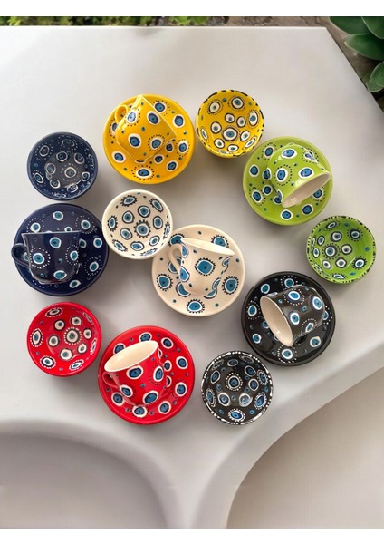 Dekoratif 6 Kişilik Şık Lale Çini Tasarımlı Tamamen El Yapımı Kahve Fincanı ve 10 cm Sosluk fırsatları