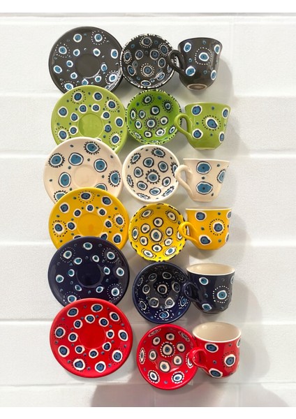 Dekoratif 6 Kişilik Şık Lale Çini Tasarımlı Tamamen El Yapımı Kahve Fincanı ve 10 cm Sosluk indirimleri