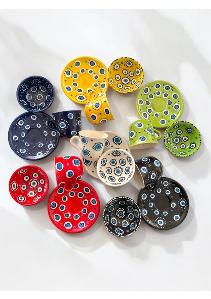 Dekoratif 6 Kişilik Şık Lale Çini Tasarımlı Tamamen El Yapımı Kahve Fincanı ve 10 cm Sosluk