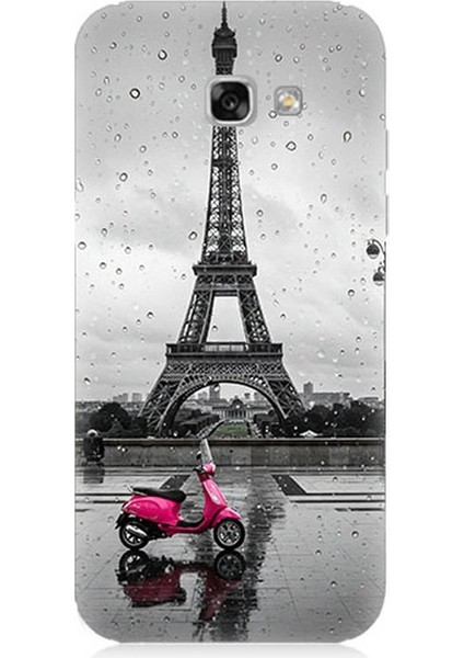 Samsung Galaxy A7 2017 Uyumlu Yağmurda Eyfel ve Scooter Desenli Silikon Kılıf