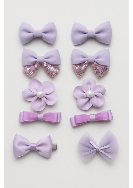 Kız Çocuk Lila Renkli 10'lu Toka Seti – Fiyonk, Inci Çiçek ve Payet Detaylı