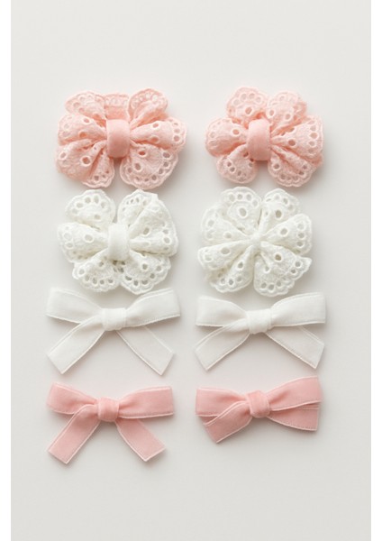 Kız Çocuk 8'li Dantel ve Kadife Fiyonk Toka Seti – Pudra ve Ekru Tonlarda