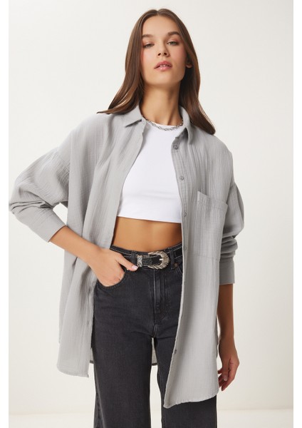 Oversize Basic Müslin Gömlek LMX0002 GRİ