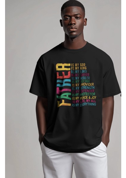 Renkli Father Baskılı Tişört, Oversize Babalar Günü Temalı T-Shirt
