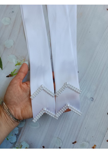 Beyaz Inci Detaylı Gelin Damat Takı Kurdelası