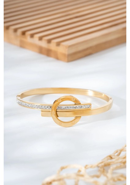 Çelik Taşlı Gold Bileklik