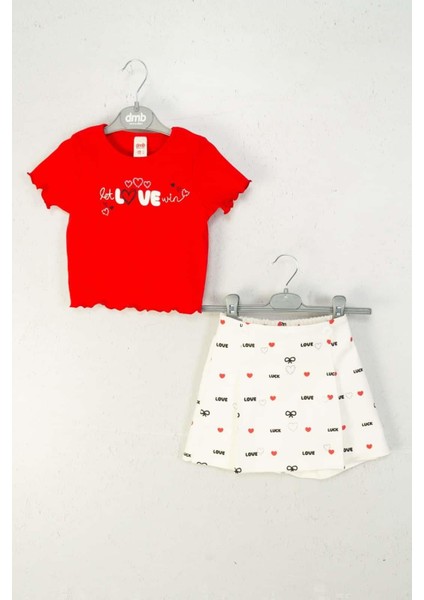 Kız Çocuk Pamuklu Kırmızı T-Shirt ve Desenli Etekli Takım modelleri