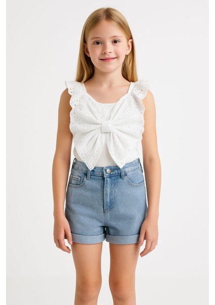 Kız Çocuk Pamuklu Beyaz Fiyonk Detaylı Broderie Crop Bluz fırsatları