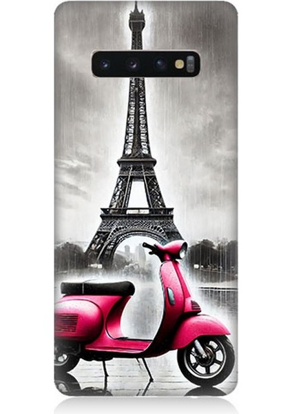 Samsung Galaxy S10 Uyumlu Pembe Scooter Eyfel Önü Desenli Silikon Kılıf