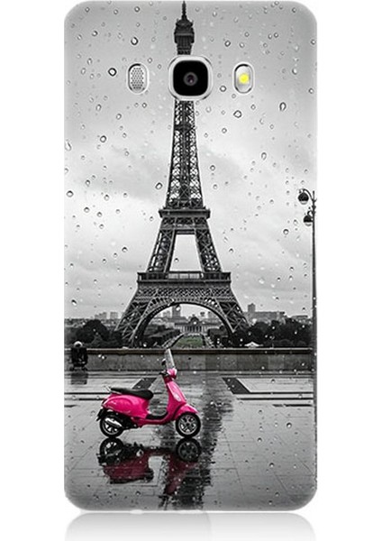Samsung Galaxy J7 2016 Uyumlu Yağmurda Eyfel ve Scooter Desenli Silikon Kılıf