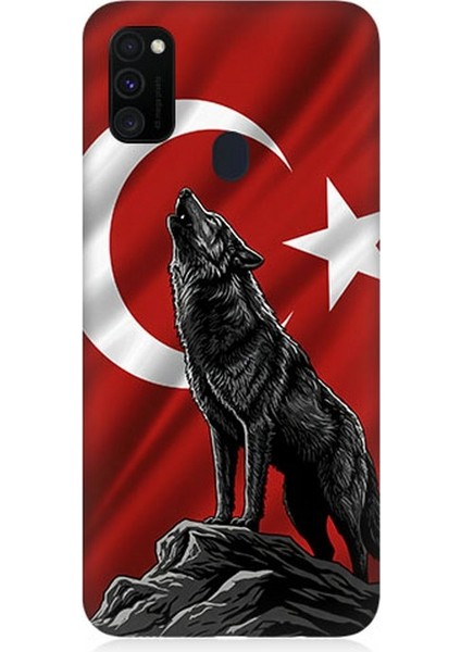Samsung Galaxy M30S Uyumlu Bayrak Önünde Uluyan Kurt Desenli Silikon Kılıf