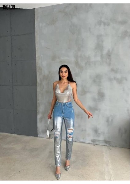 Diz Yırtık Varaklı Mom Kot Pantolon - Gümüş fiyatları