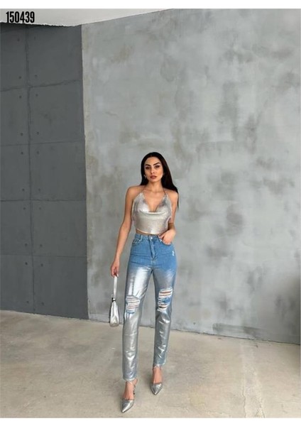 Diz Yırtık Varaklı Mom Kot Pantolon - Gümüş modelleri