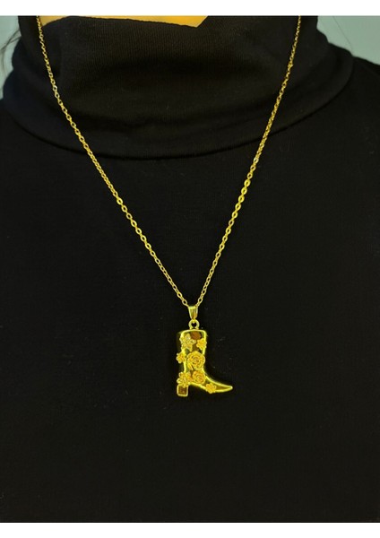 Gold Renk Gül Işleme Detay Çelik Kovboy Kolye