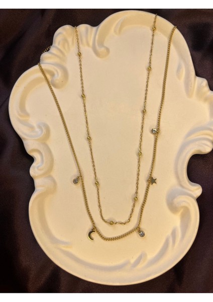 Gold Ren Çelik Ikili Taşlı Gece Kolye