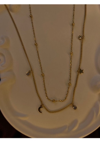 Gold Ren Çelik Ikili Taşlı Gece Kolye fiyatları