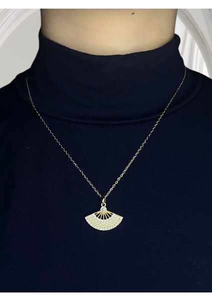 Gold Renk Taşlı Işleme Detay Vintage Yelpaze Kolye