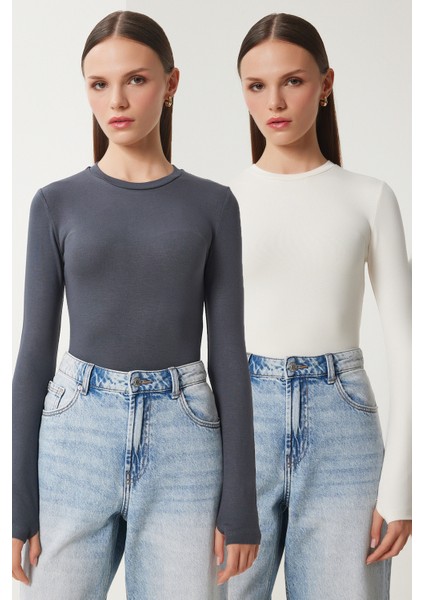 2' Li Paket Bisiklet Yaka Parmak Geçmeli Basic Örme Bluz Ekru Antrasit LCR0011