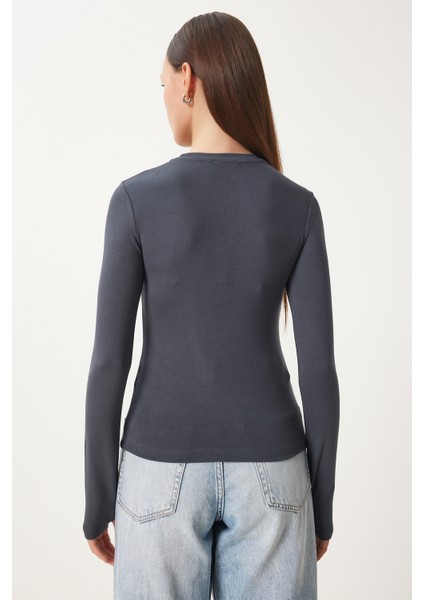 2' Li Paket Bisiklet Yaka Parmak Geçmeli Basic Örme Bluz Ekru Antrasit LCR0011 fırsatları