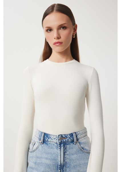 2' Li Paket Bisiklet Yaka Parmak Geçmeli Basic Örme Bluz Ekru Antrasit LCR0011 indirimleri