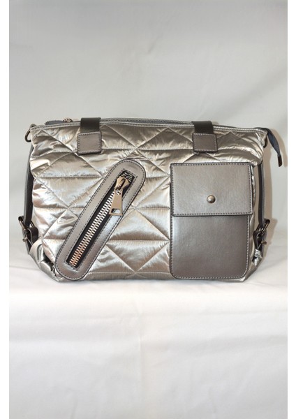 Kadın Gri Çanta Paraşüt Kumaş Şişme Büyük Boy Fermuarlı ve Askılı Günlük Şık Çanta